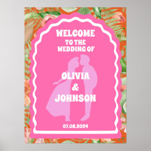 Affiche Bienvenue Bold rose orange rétro Mariage d'arc flo