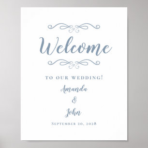 Affiche Bienvenue Calligraphie Élégante Mariage Bleu Pouss