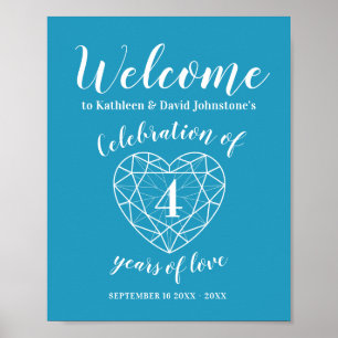 Affiche Bienvenue coeur 4e anniversaire personnalisé bleu