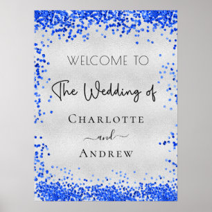 Affiche Bienvenue confettis bleu roi argent de mariage