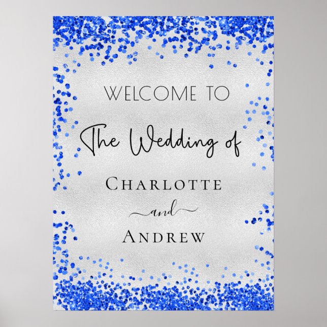 Affiche Bienvenue confettis bleu roi argent de mariage (Devant)