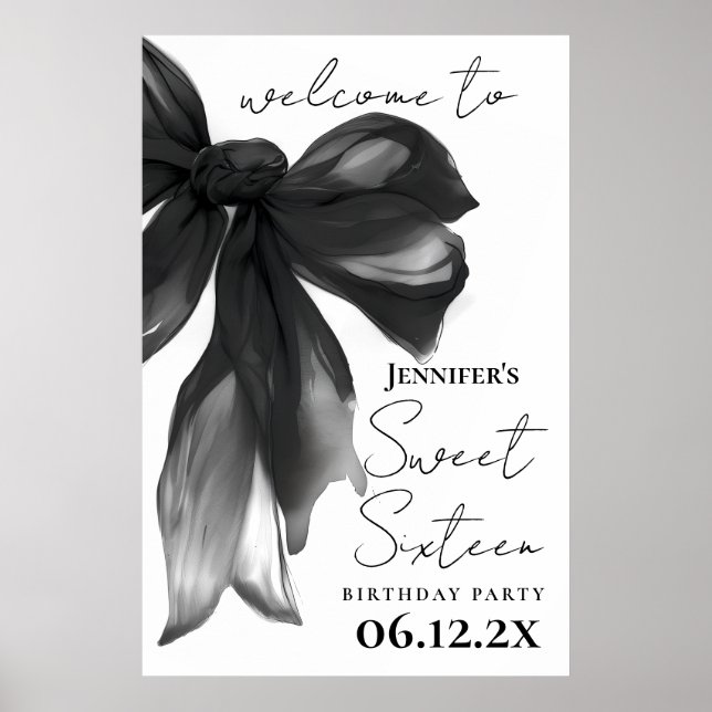 Affiche Bienvenue Coquette à l'arc noir Script Sweet 16 Pa (Devant)