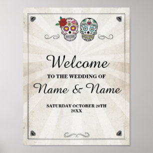 Affiche Bienvenue Crânes de Sucre Signe Halloween Mariage