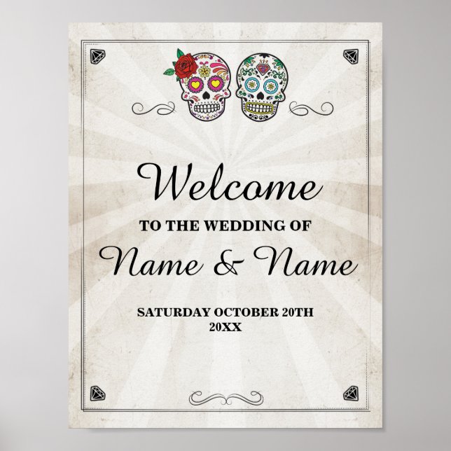 Affiche Bienvenue Crânes de Sucre Signe Halloween Mariage (Devant)