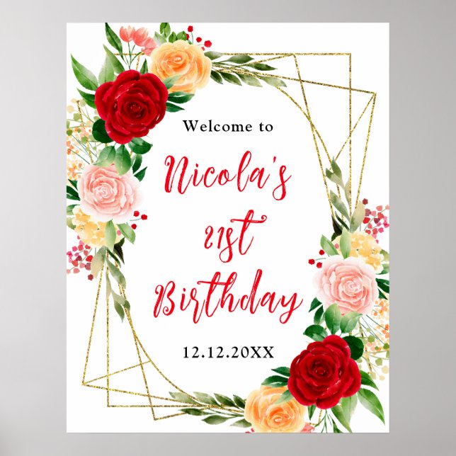 Affiche Bienvenue d'anniversaire avec des roses rouges et  (Devant)
