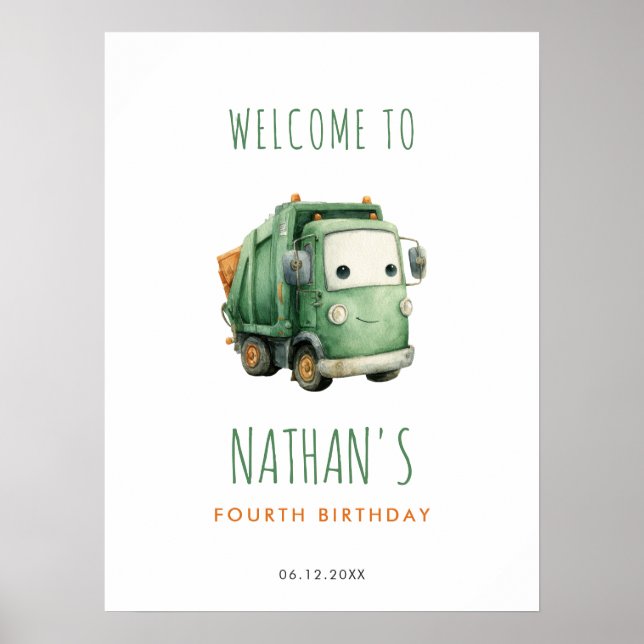 Affiche Bienvenue d'anniversaire camion poubelle (Devant)