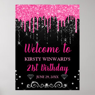 Affiche Bienvenue d'anniversaire rose chaud et noir avec p