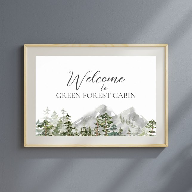 Affiche Bienvenue dans la forêt de pins verte aquarelle (In situ)