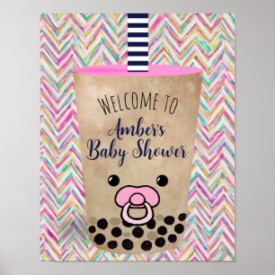 Affiche Bienvenue dans le Baby shower à thé Boba rose insp