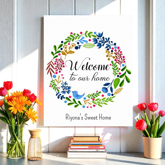 Affiche Bienvenue dans notre Home Green Black Floral Typog (Créateur téléchargé)