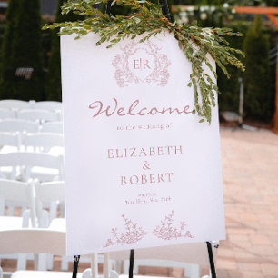 Affiche Bienvenue de mariage à monogramme avec couronne fl