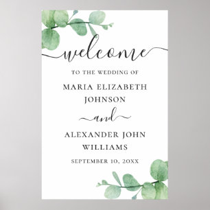 Affiche Bienvenue de mariage de script eucalyptus aquarell