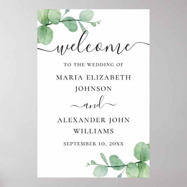 Affiche Bienvenue de mariage de script eucalyptus aquarell (Devant)