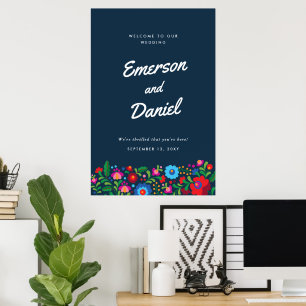 Affiche Bienvenue de mariage en broderie mexicaine bleu ma