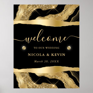 Affiche Bienvenue de mariage en feuille noire et agate pai