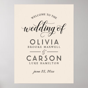 Affiche Bienvenue de mariage moderne à la crème et au noir
