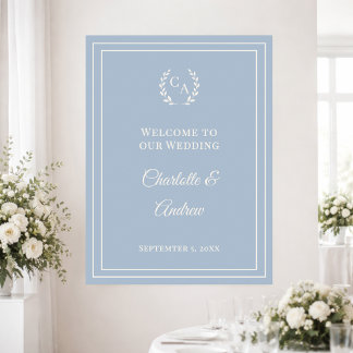 Affiche Bienvenue de mariage monogrammé ivoire bleu poussi