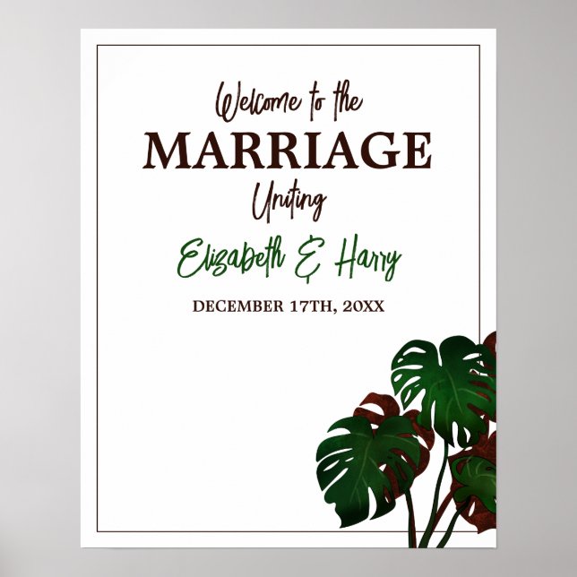 Affiche Bienvenue de mariage tropical de Monstera Beach (Devant)