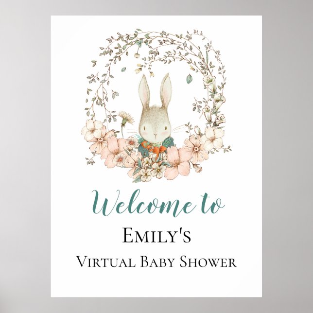 Affiche Bienvenue de script Bunny vintage Baby shower virt (Devant)