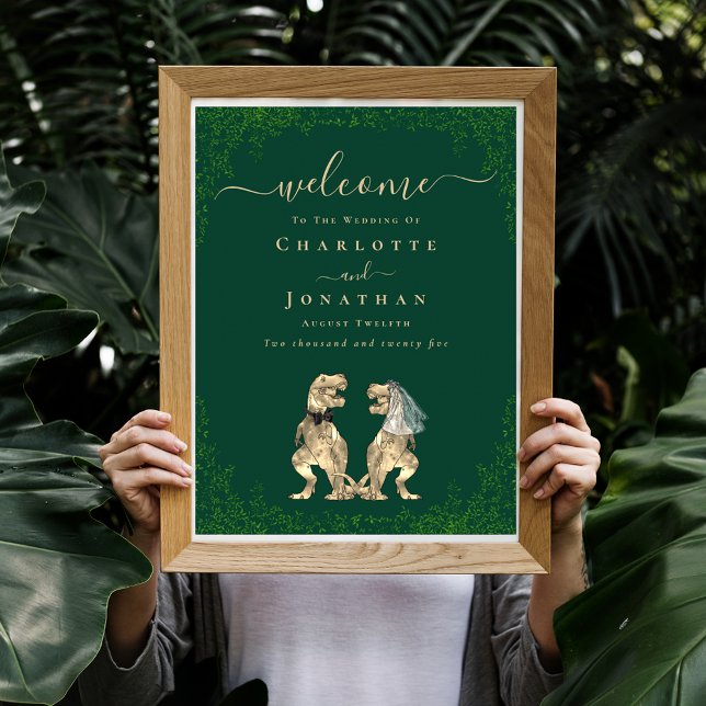 Affiche Bienvenue Dinosaur Thème Mariage Vert foncé (Dinosaur themed wedding custom welcome dark green poster with funny T-Rex bride and groom dino)
