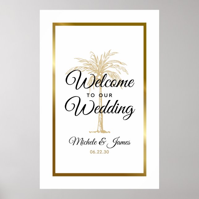 Affiche Bienvenue du Mariage Tropical Gold Palm Tree (Devant)
