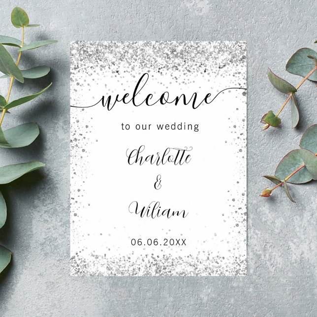 Affiche Bienvenue écriture noms paillettes argent blanc ma (Créateur téléchargé)