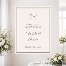 Affiche Bienvenue élégante de mariage taupe ivoire monogra