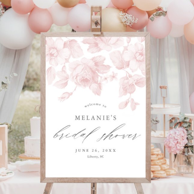 Affiche Bienvenue élégante en écriture florale rose pour u (Elegant vintage floral bridal shower welcome sign.)