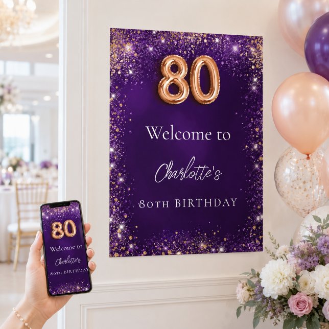 Affiche Bienvenue étincelles violettes 80 ans (Créateur téléchargé)