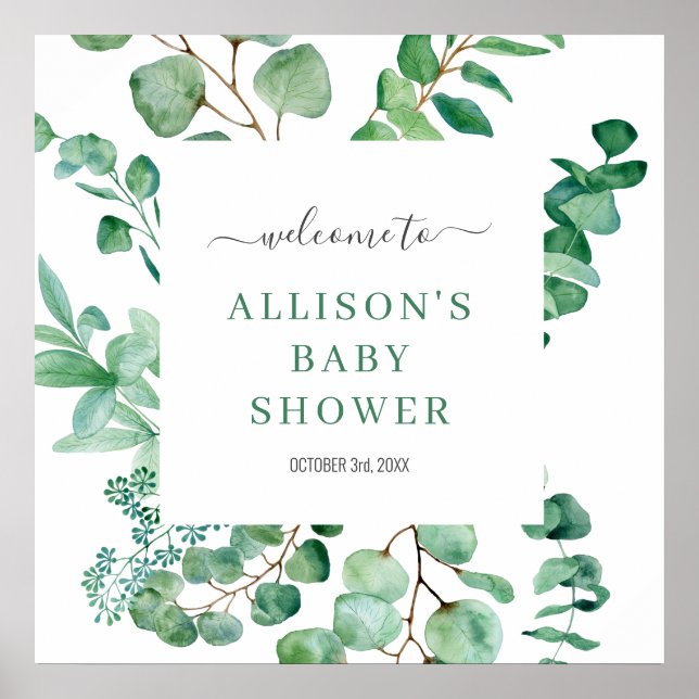 Affiche Bienvenue Eucalyptus Aquarelle Salutation de bébé  (Devant)
