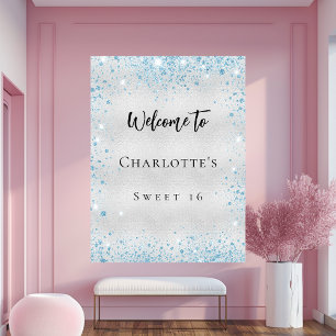 Affiche Bienvenue fête d'anniversaire paillettes bleu arge