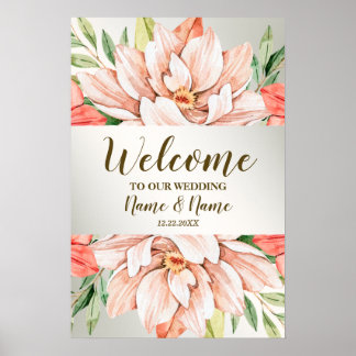 Affiche Bienvenue Fête de Mariage Fleurs Feuilles Orange P