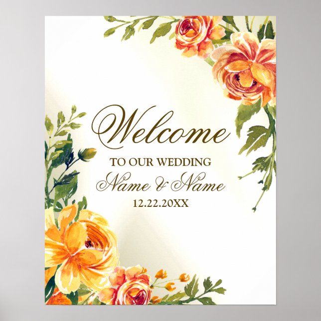 Affiche Bienvenue Fête de Mariage Orange Jaune Rouge Flora (Devant)