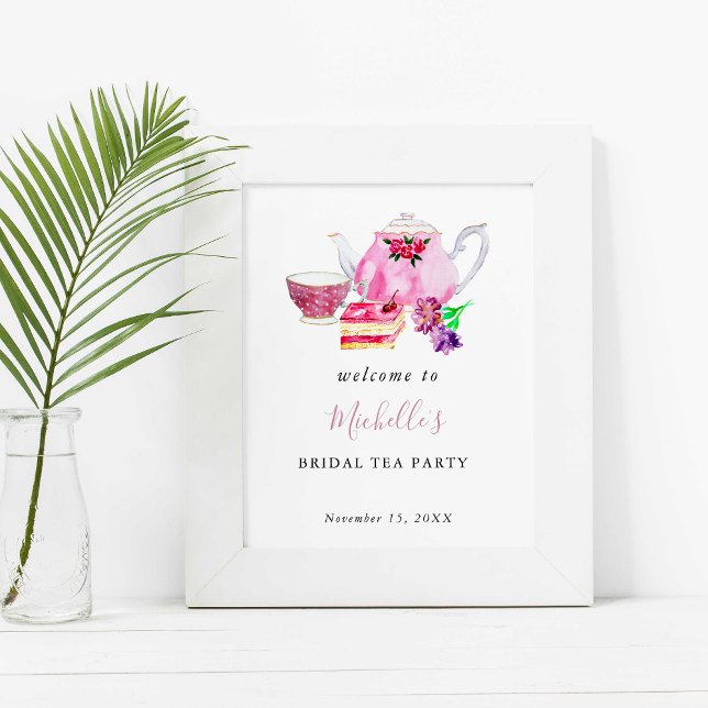 Affiche Bienvenue Fête de Mariage Thème Thé Rose Aquarelle (Créateur téléchargé)