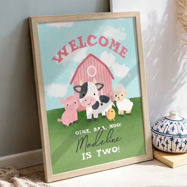 Affiche Bienvenue Fille Animaux de Ferme Rose 2ème Anniver (Créateur téléchargé)