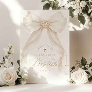 Affiche Bienvenue fille arc d'or perles baptême