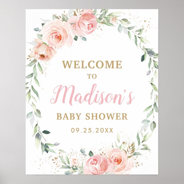 Affiche Bienvenue Fille Baby Shower Fleurs Rose Pâle Pos (Devant)