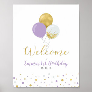 Affiche Bienvenue Fille Ballons Or & Violet 1er Anniversai