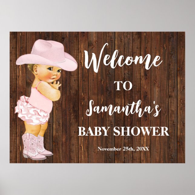 Affiche Bienvenue Fille Cow-Girl Rose Baby Shower Occident (Devant)