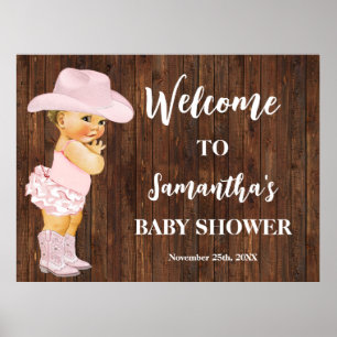 Affiche Bienvenue Fille Cow-Girl Rose Bébé Shower Occident