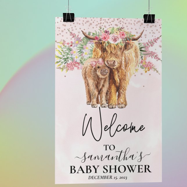 Affiche Bienvenue Fille Rose Haut-Baby shower de Vache de  (Créateur téléchargé)