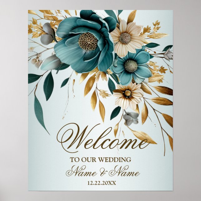 Affiche Bienvenue Fleur blanche Turquoise Feuilles d'or (Devant)