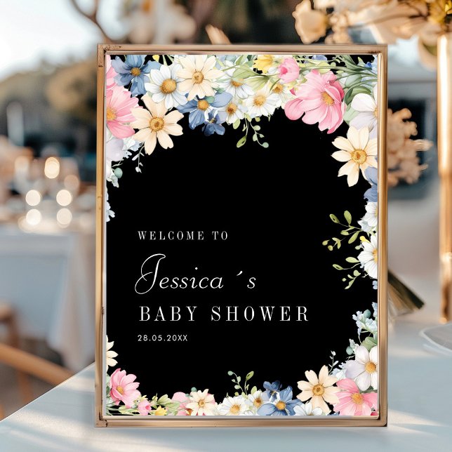 Affiche Bienvenue ! Fleur sauvage, Baby shower (Personalized "Welcome!" Wildflower, Baby Shower Poster with your name and date.)