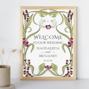 Affiche Bienvenue Fleurale Rose Bourgogne Art Nouveau Vint