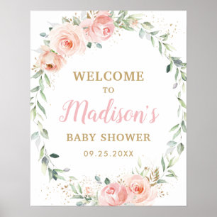Affiche Bienvenue Fleurie Rose Pâle pour Baby Shower Anniv