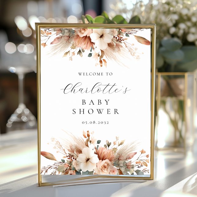 Affiche Bienvenue Fleurs Boho Herbe de Pampas Rose Blanche (Boho Floral Pampas Grass Rose White Welcome Poster)