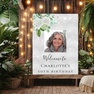 Affiche Bienvenue fleurs pailletées photo argent anniversa