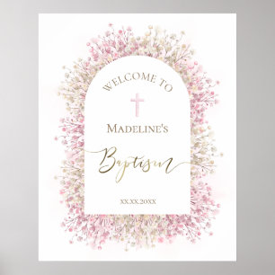 Affiche Bienvenue fleurs rose blanc pour baptême