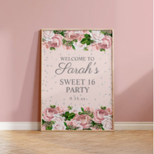 Affiche Bienvenue Fleurs Roses Roses Argent Paillettes Dou