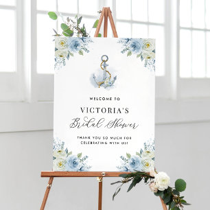 Affiche Bienvenue Florale Bleue et Nautique pour Mariage